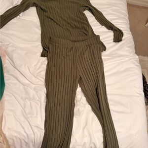 Olive Ribbed Knit Sweater and Pants Set
